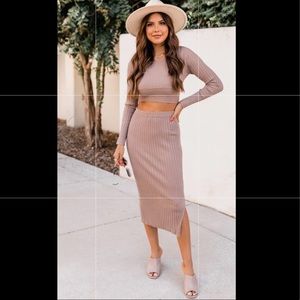 Taupe/Mocha Ribbed MIDI Skirt & Cropped blouse